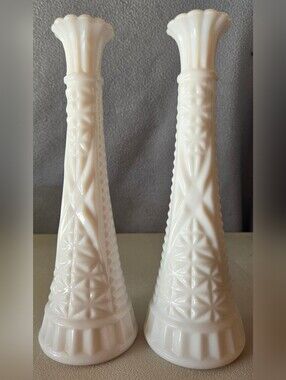Anchor Hocking Vintage White Milk Glass Embossed Vase Pair
